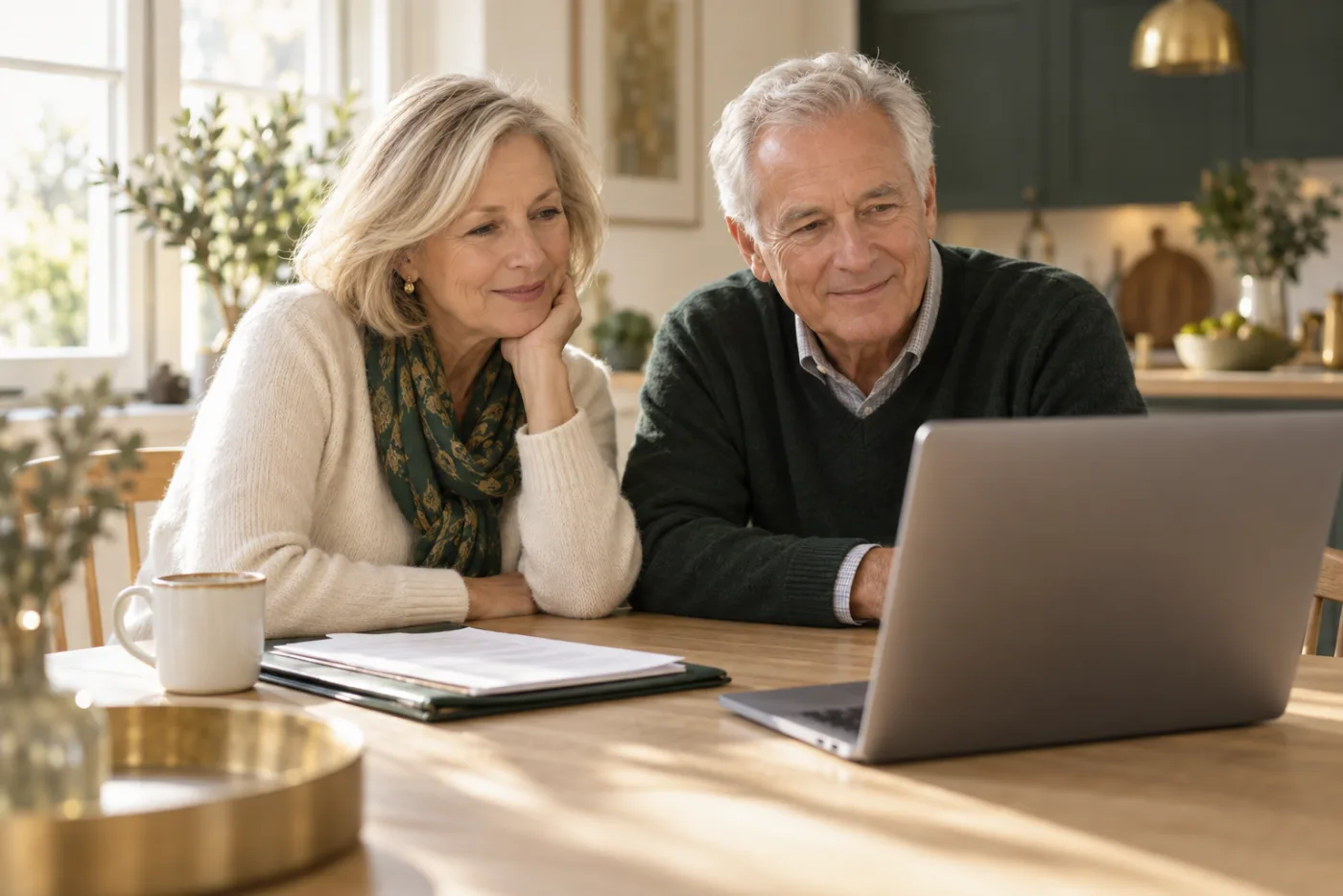 A retired couple at their kitchen table on a video call